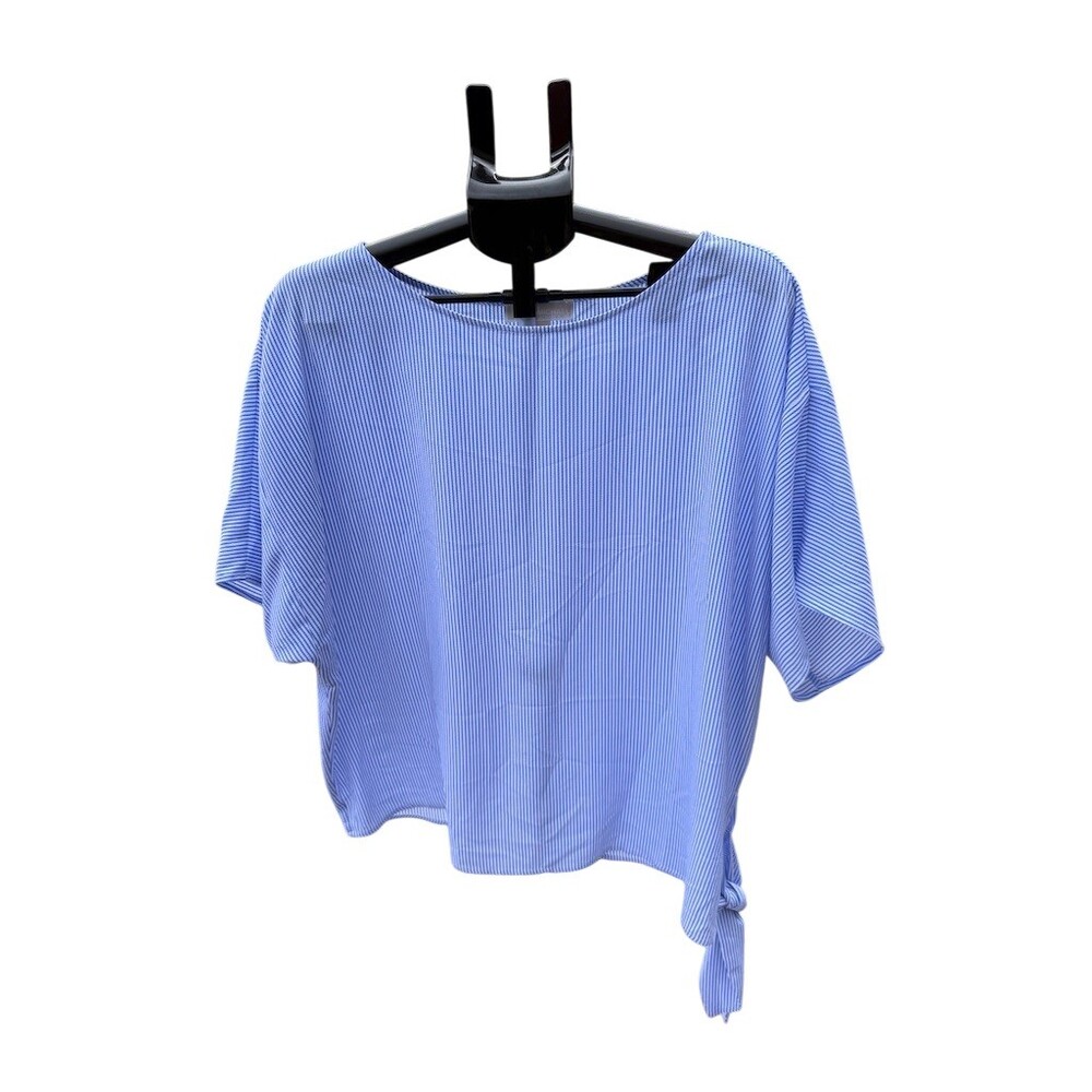 Michael Kors Blouse Womens XL Blue White Pinstripe Boat Neck Side Tie Hem